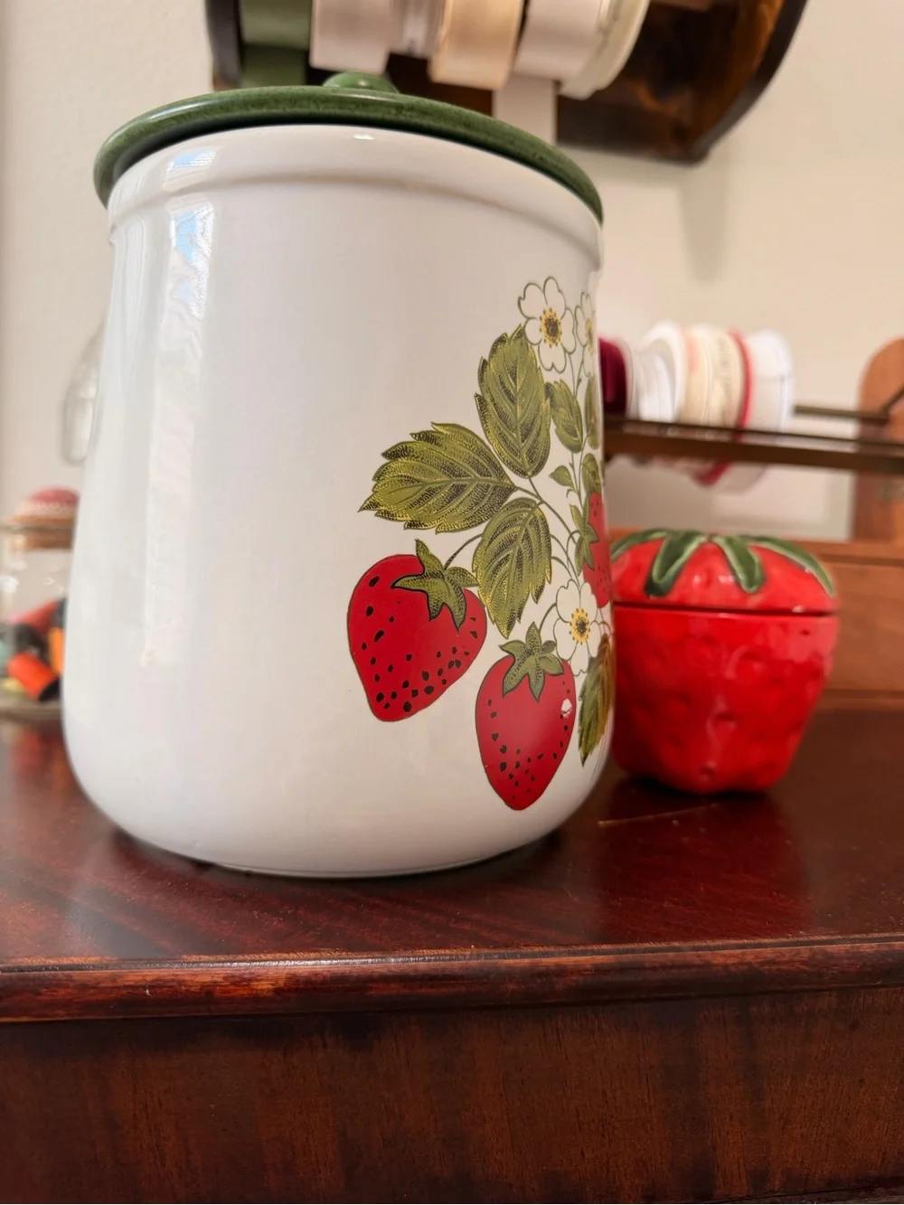 Vintage White and Red Strawberry Canister Set